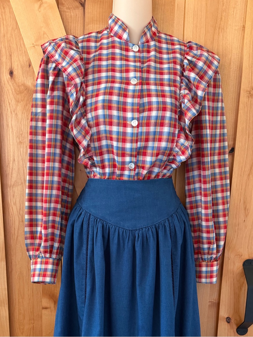 *SOLD* VTG 80s Handmade Plaid Ruffle Blouse Cottagecore Prairie Romantic, S - Picture 2 of 14